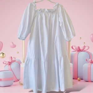 MATILDA SOLID WHITE OFF THE SHOULDER PUFF SLEEVE TIERED MIDI FLONCE DRESS